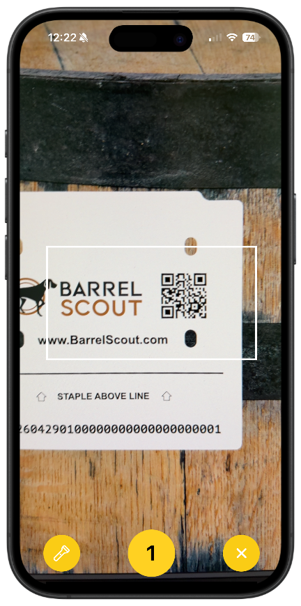 Barrel Scout mobile app scanning a barrel tag QR code against a barrel head